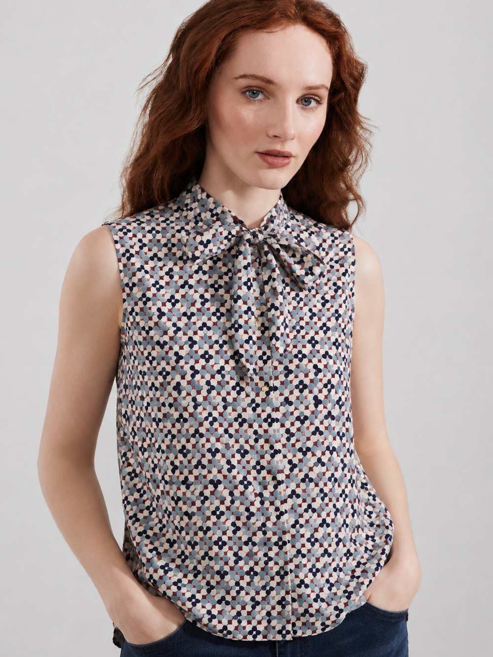 Tory Burch 100% Silk Geometric Print Tie Neck Sleeveless Blouse Women Size 10